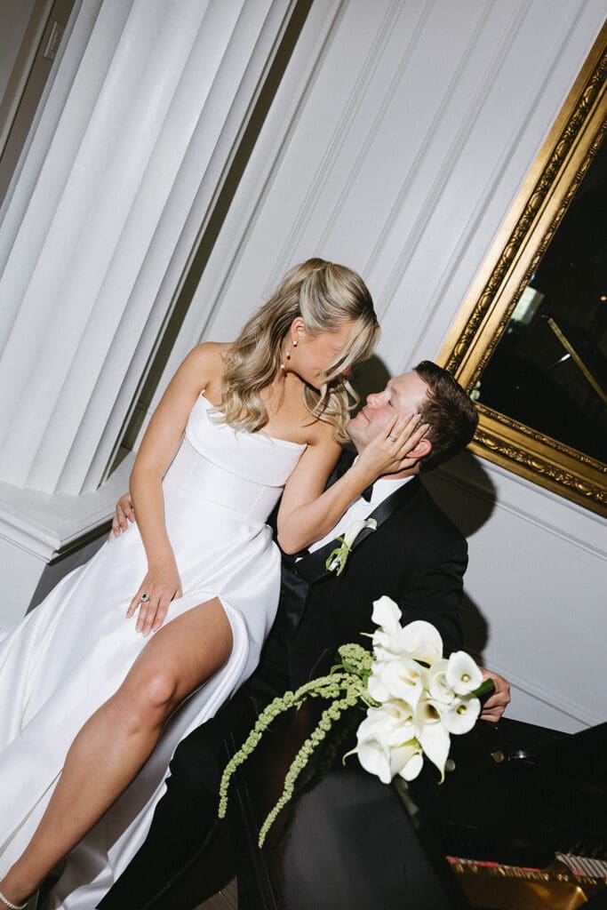 flash photos of bride and groom indoors