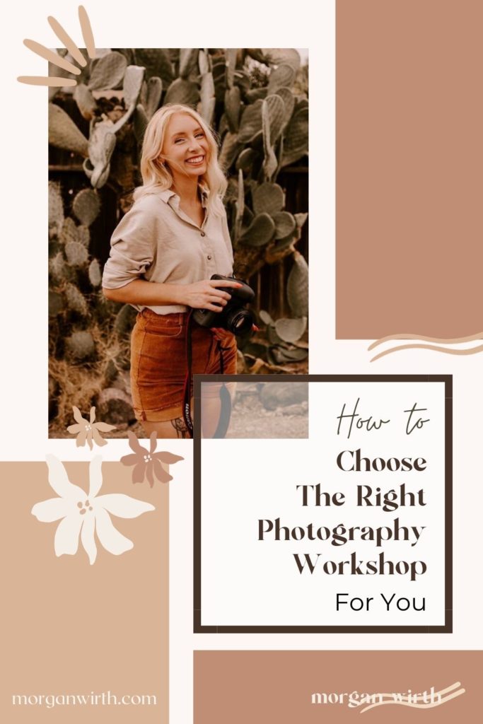 A woman smiling while holding her camera that is overlaid with text reading How to Choose the Right Photography Workshop For You.
