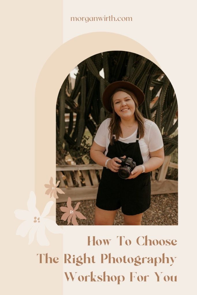 A woman smiles as she holds her camera and image overlaid with text that reads How to Choose The Right Photography Workshop For You