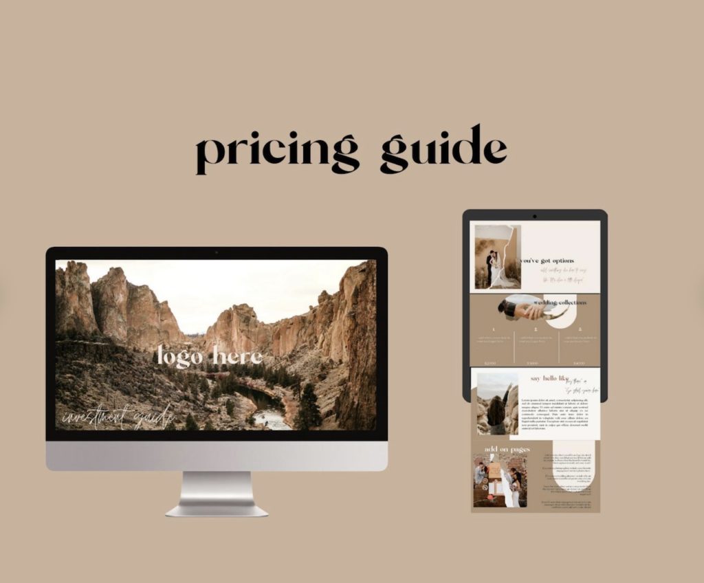 Desktop and tablet with a template of wedding photography pricing guides; image overlaid with text that reads pricing guide