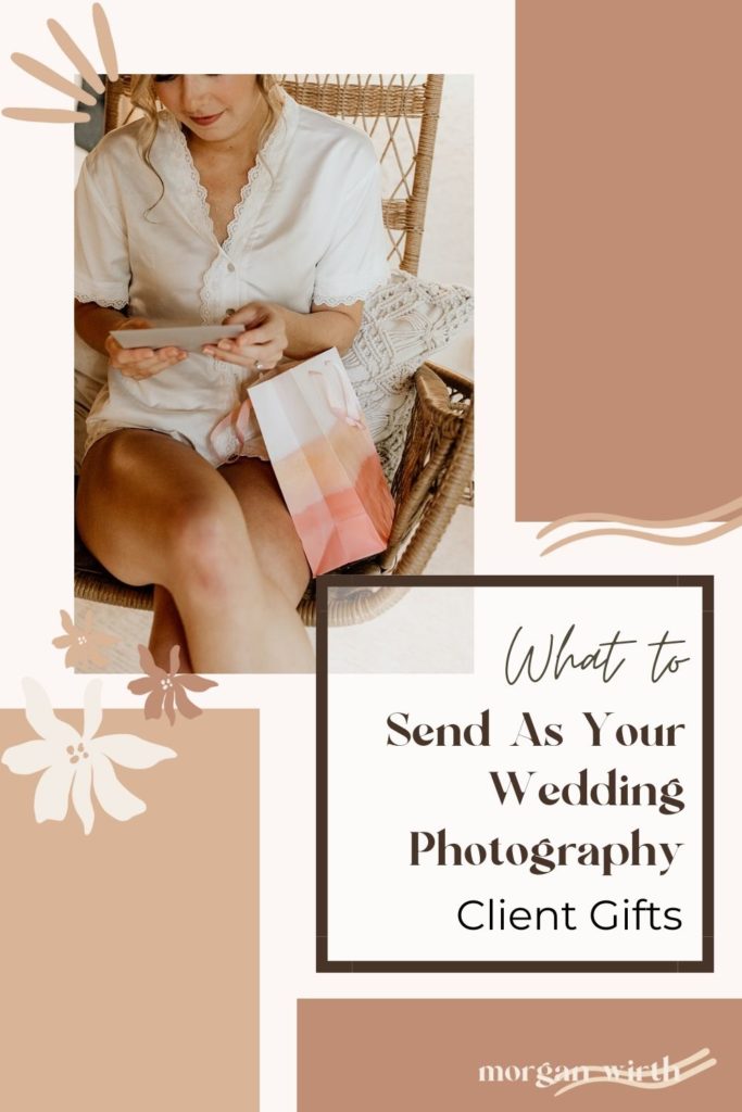 Bride looks at and holds up a letter from a paper bag while sitting on a chair; image overlaid with text that reads What to Send as your Wedding Photography Client Gifts