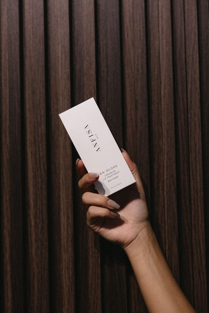 Editorial branding image of skincare product packaging for a Dallas med spa.