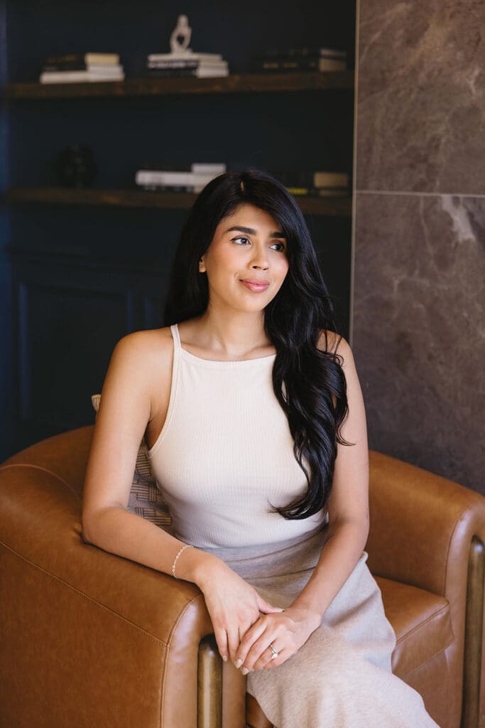 Lifestyle portrait of med spa owner in a luxury Dallas space.